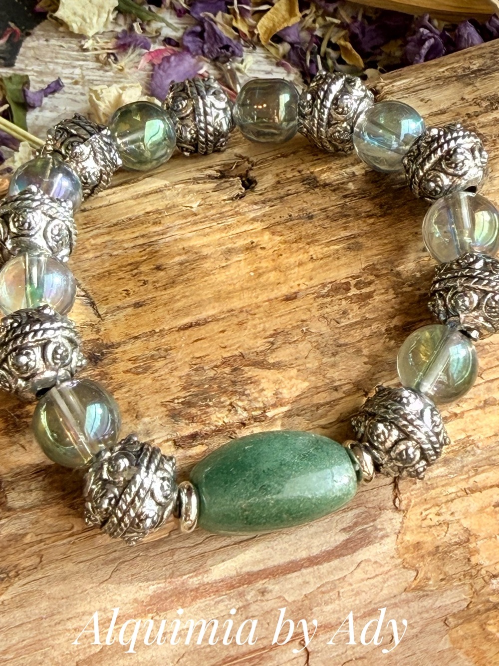 Untreated Emerald +  Green Aventurine & Iridescent Glass Beaded Bracelet